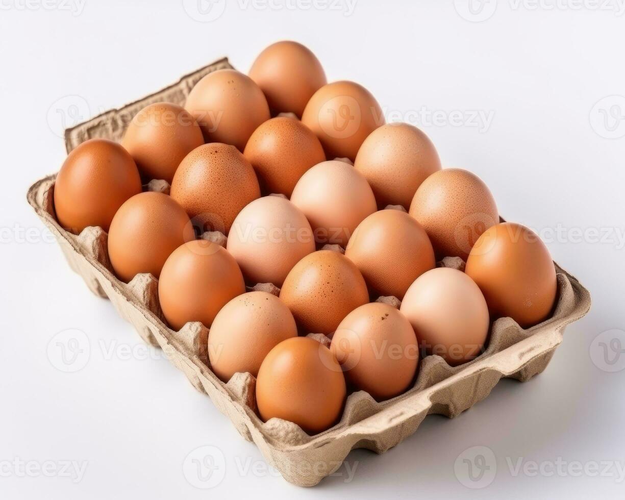 packa av 20 beige ägg kartong låda med vit isolerat främre se bakgrund ai genererad foto