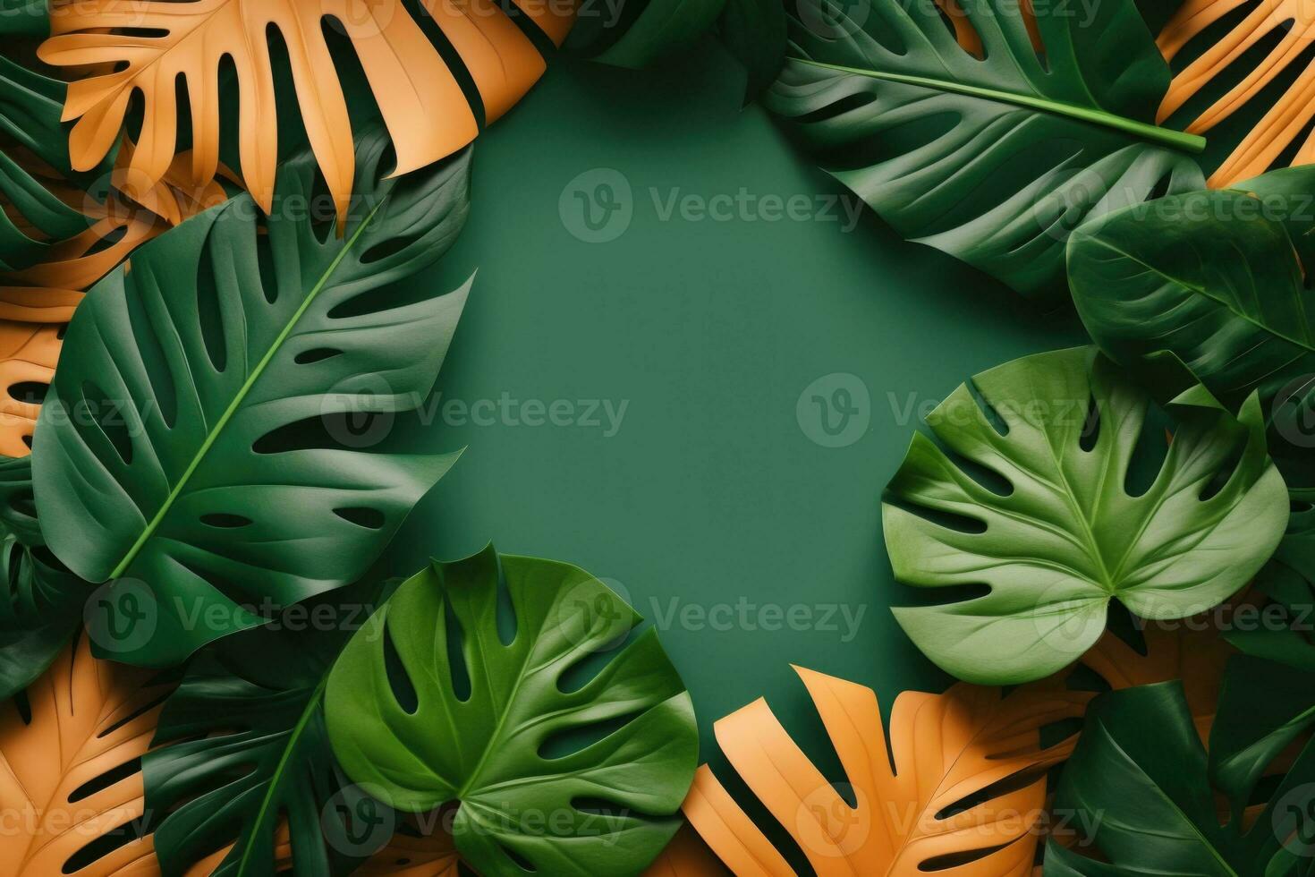 ram med kopia Plats attrapp tropisk löv form en symmetrisk gräns på en fast grön bakgrund. ai generativ foto