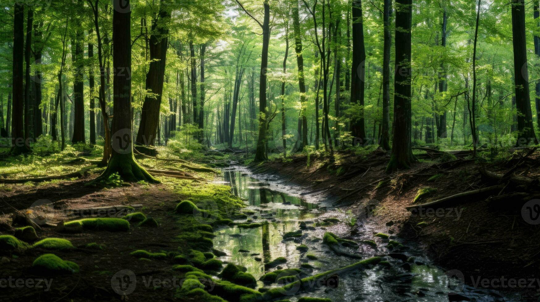 fredlig skog oas med klar ström omgiven förbi frodig grönska tapet bakgrund landskap. ai generativ foto