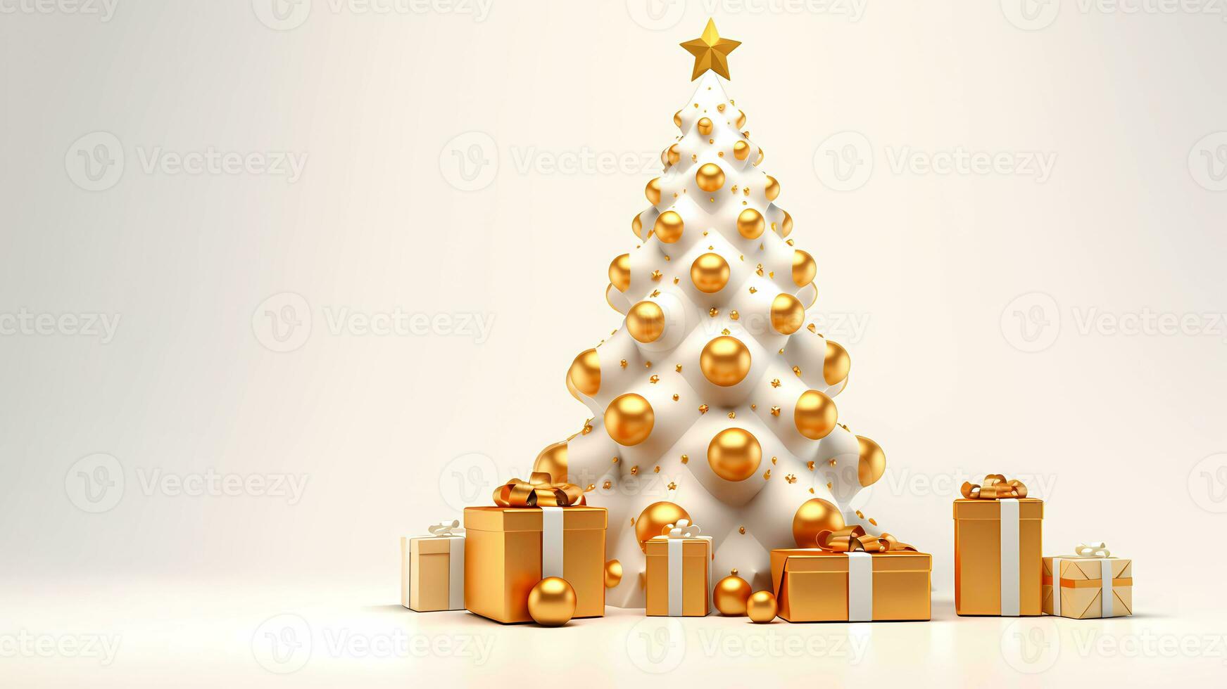 3d jul träd med gyllene bollar och stjärna, glittrande insvept gåva lådor isolerat på vit bakgrund. minimalistisk glad xmas och Lycklig ny år baner mall med kopia Plats. ai genererad foto