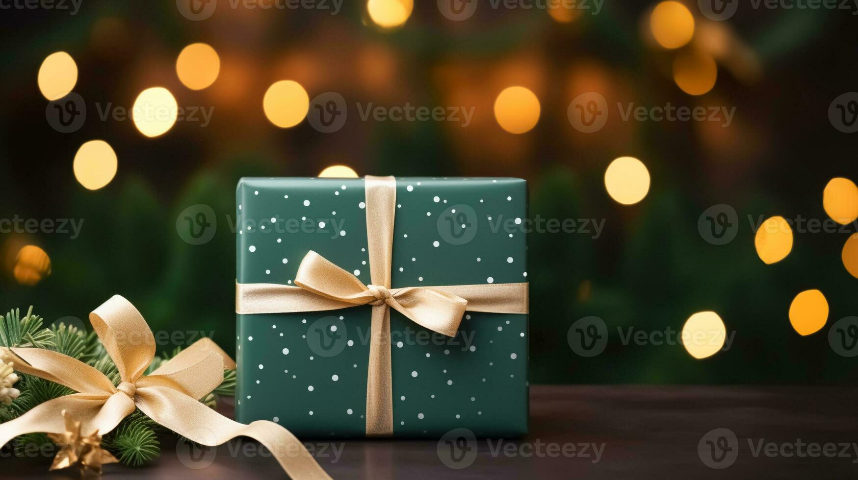 jul grön gåva låda på trä- tabell mot suddig festlig gyllene lampor. glad xmas och Lycklig ny år hälsning kort. vinter- högtider bakgrund med kopia Plats för text. ai genererad foto
