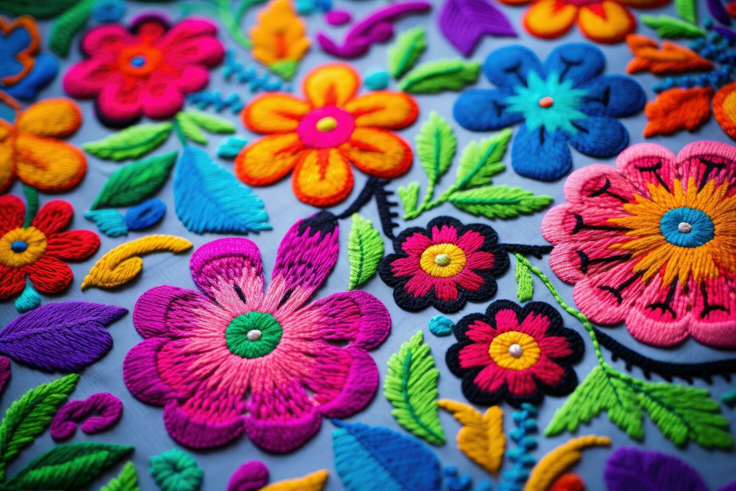 handgjort färgrik blomma broderi på tyg bakgrund. stänga upp, färgrik broderad dekorativ textil- från otavalo stad på de hantverkare marknadsföra, ai genererad foto