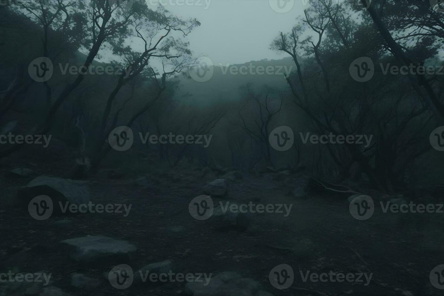 läskigt halloween död- mystisk skog kuslig träd med vriden rötter och två ödla på dimmig natt skog. skrämmande begrepp. neuralt nätverk ai genererad foto