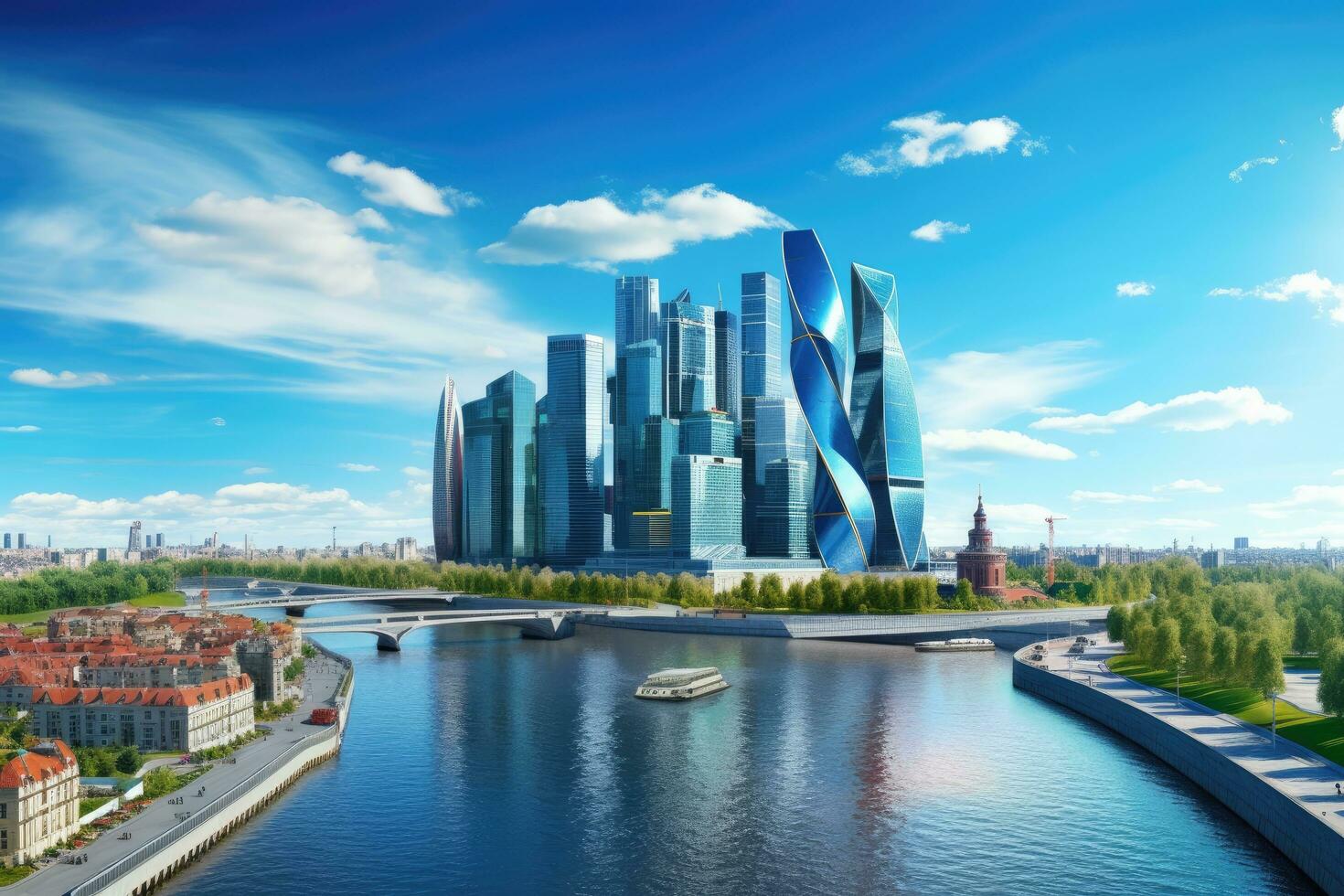 skyskrapor på de Bank av de dnepr flod i kiev, Ukraina, panorama- se av Moskva-city och moskva flod. internationell företag Centrum i de dagtid, ai genererad foto