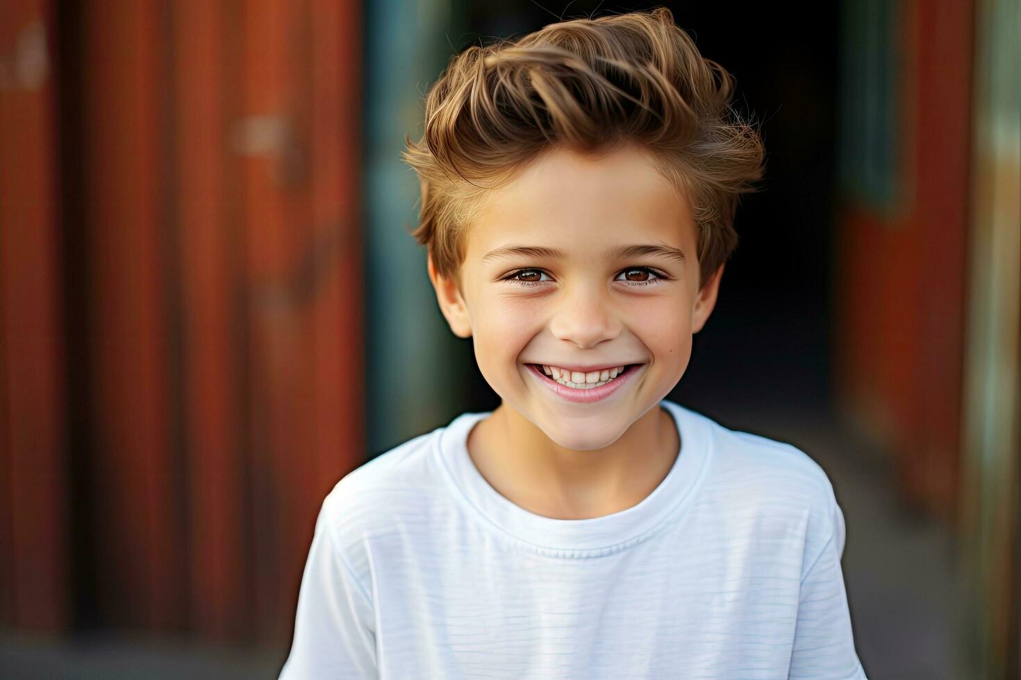 porträtt av en leende liten pojke i en vit t-shirt, perfekt barn leende, Lycklig pojke med skön vit mjölk toothy leende, ai genererad foto