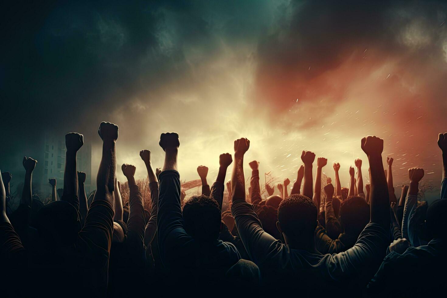 konsert folkmassan höjning deras händer i de luft på en musik festival, människor Uppfostrad hand till protest, ai genererad foto