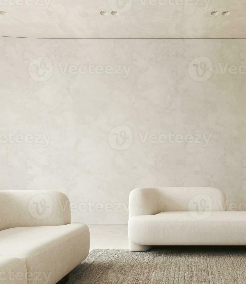boho beige vardagsrum med marmor sten och dekor matta bakgrund. ljus modern japansk natur se. 3d tolkning. hög kvalitet 3d illustration foto
