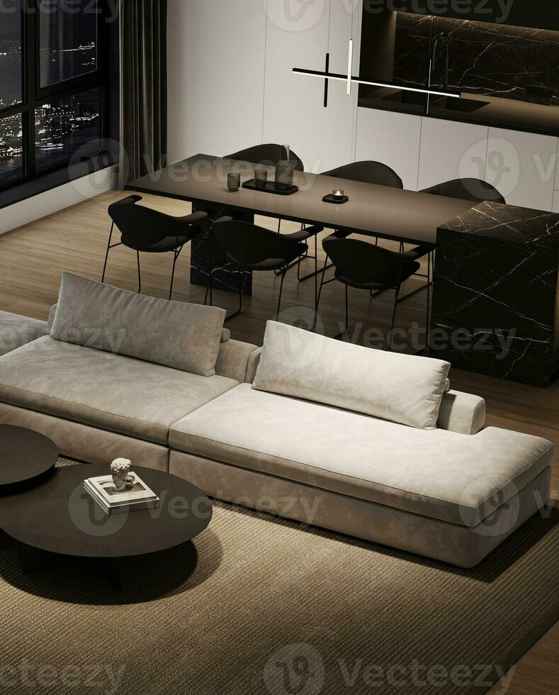 modern minimalism interiör vardagsrum med stor modul- soffa, natt stad se och marmor kök ö. 3d tolkning. hög kvalitet 3d illustration foto