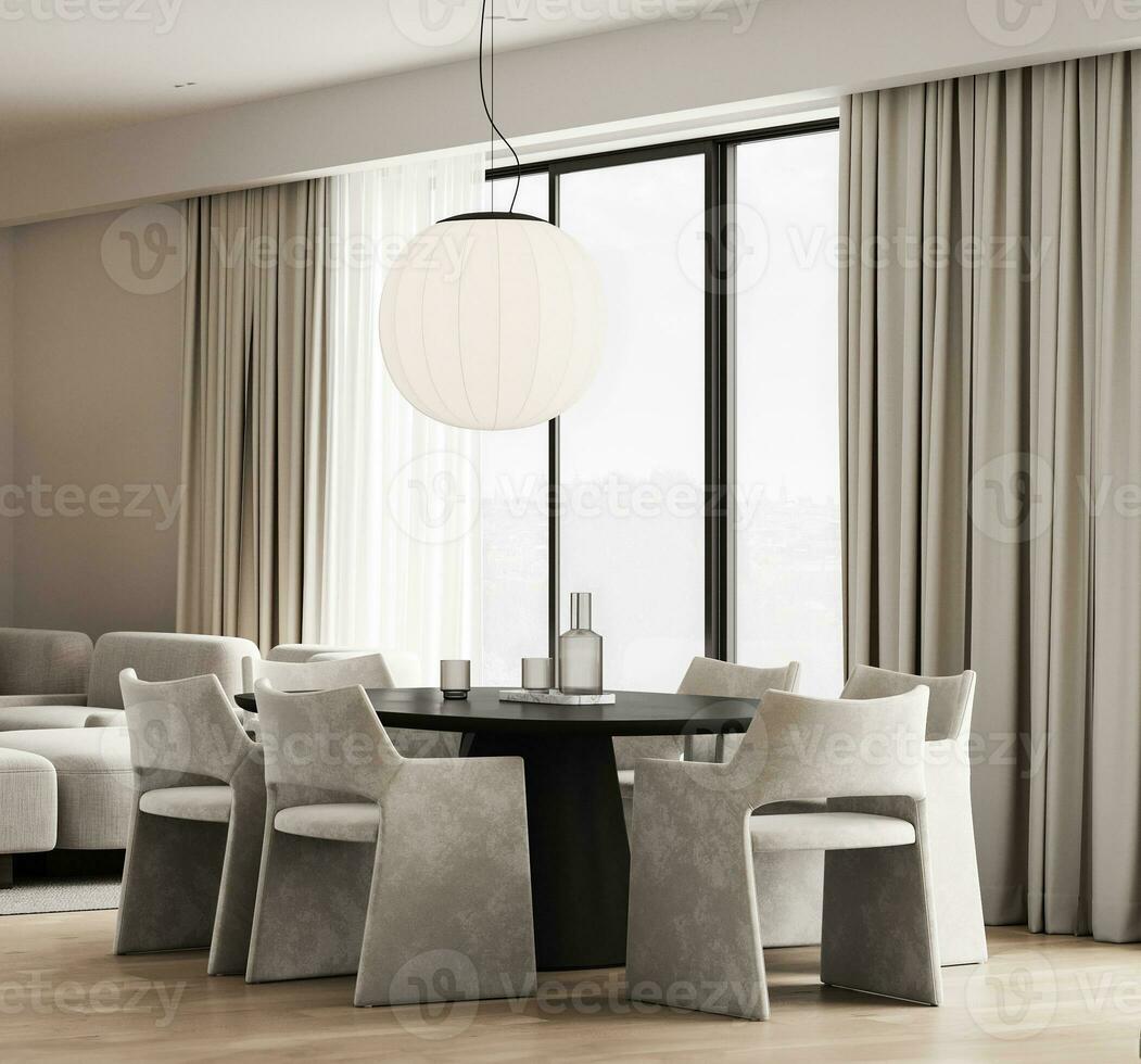 modern natur stil vardagsrum interiör design med dining tabell och panorama- fönster bakgrund. 3d tolkning. hög kvalitet 3d illustration foto