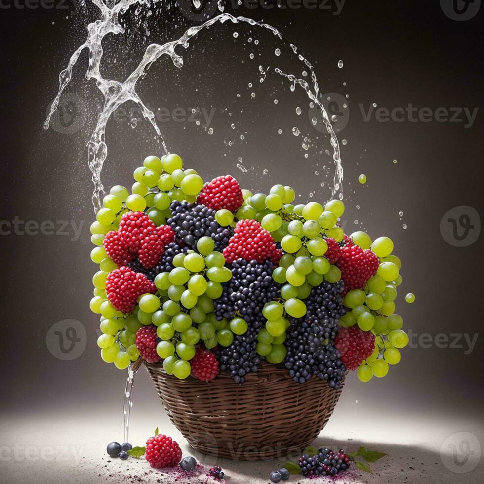 korg full av frukt bär och grön vindruvor explodera med enorm partiklar stänk på de luft ai generativ foto