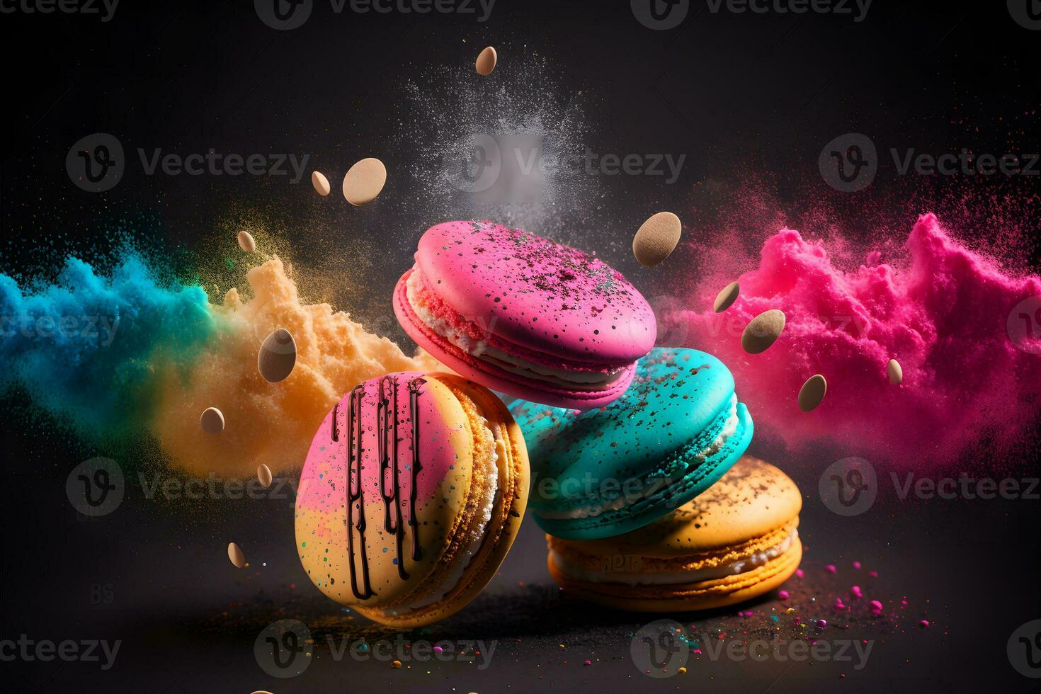 färgrik macarons med socker pulver explosion ögonblick på svart bakgrund. neuralt nätverk genererad konst foto