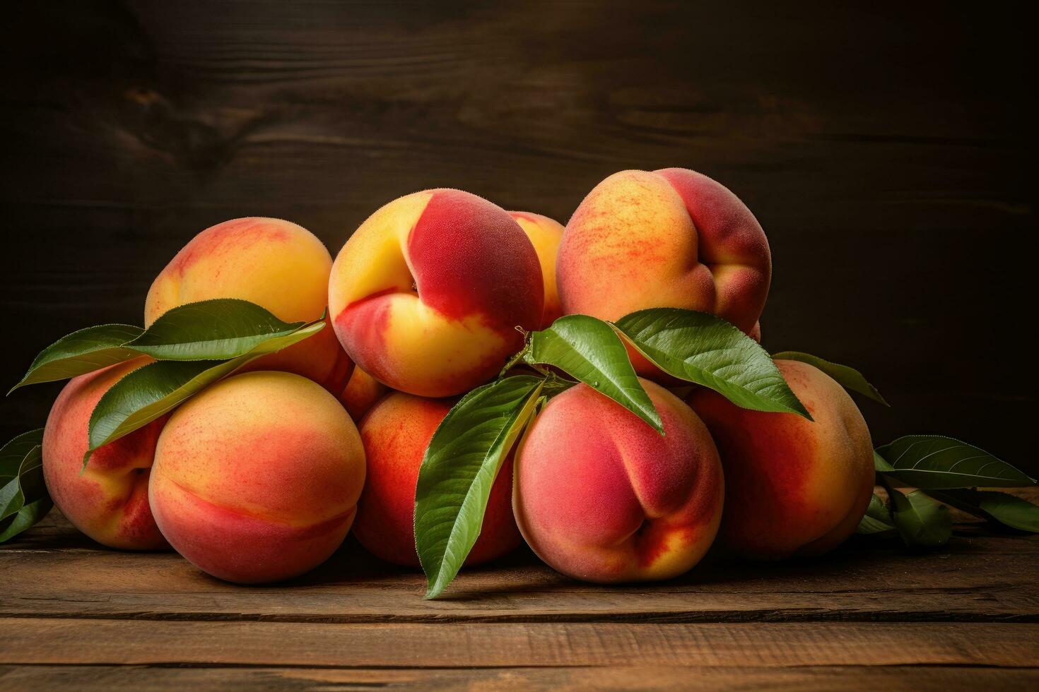 färsk mogen persikor med löv på en trä- bakgrund. tonad, färsk persikor på trä bakgrund, ai genererad foto