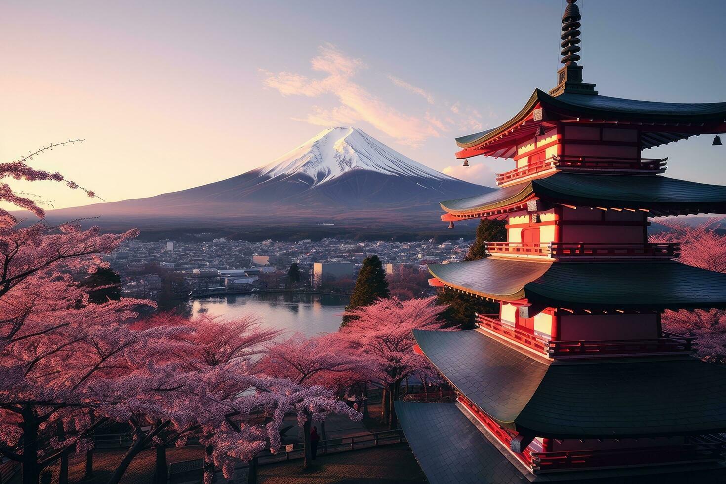 mt fuji och chureito pagod på soluppgång, Japan, fujiyoshida, japan skön se av berg fuji och chureito pagod på solnedgång, ai genererad foto