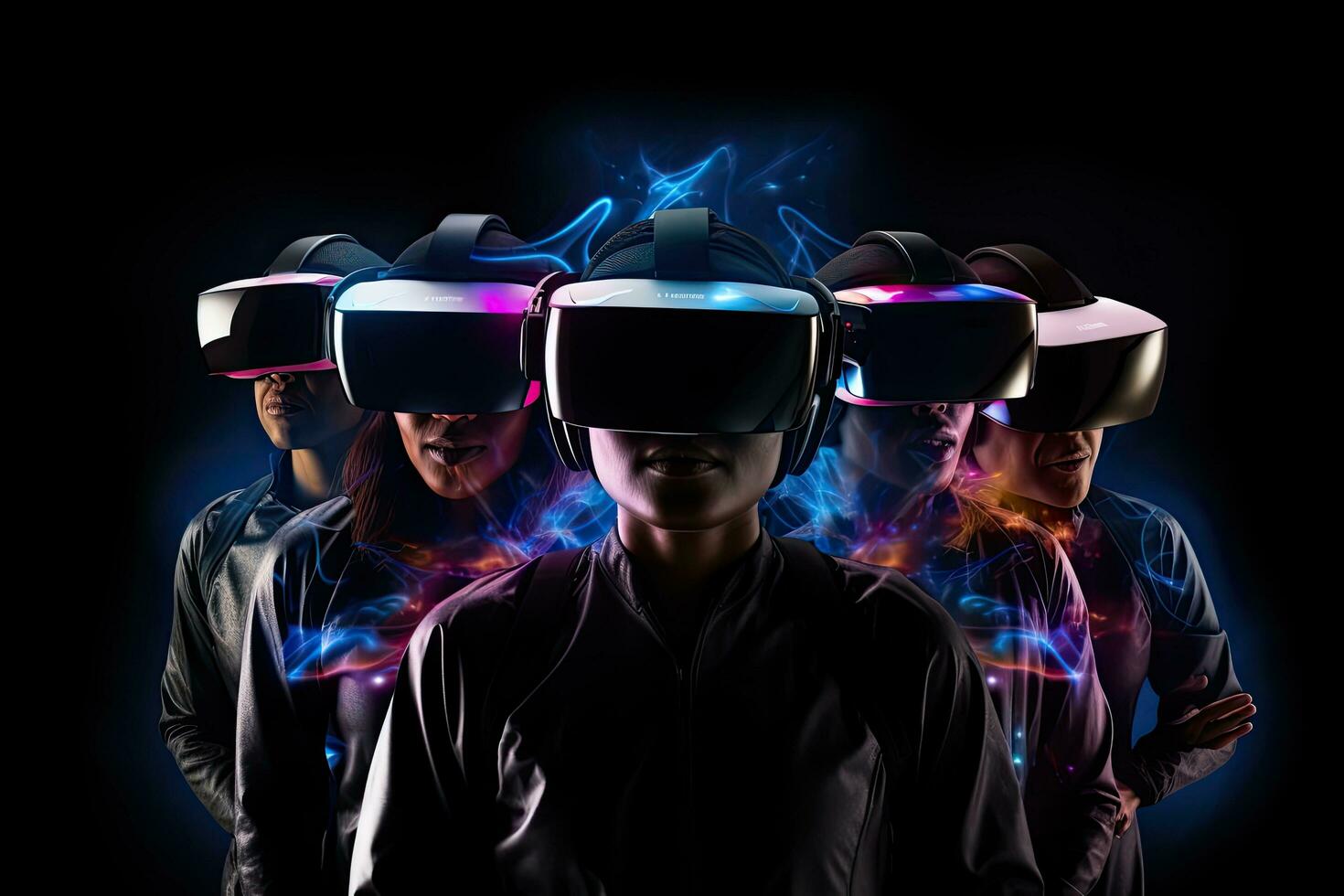 tre ung människor med virtuell verklighet headsetet över svart bakgrund. blandad media, människor bär vr headsets och stående, med hologram effekt, full ansikte täckt med vr headset, ai genererad foto