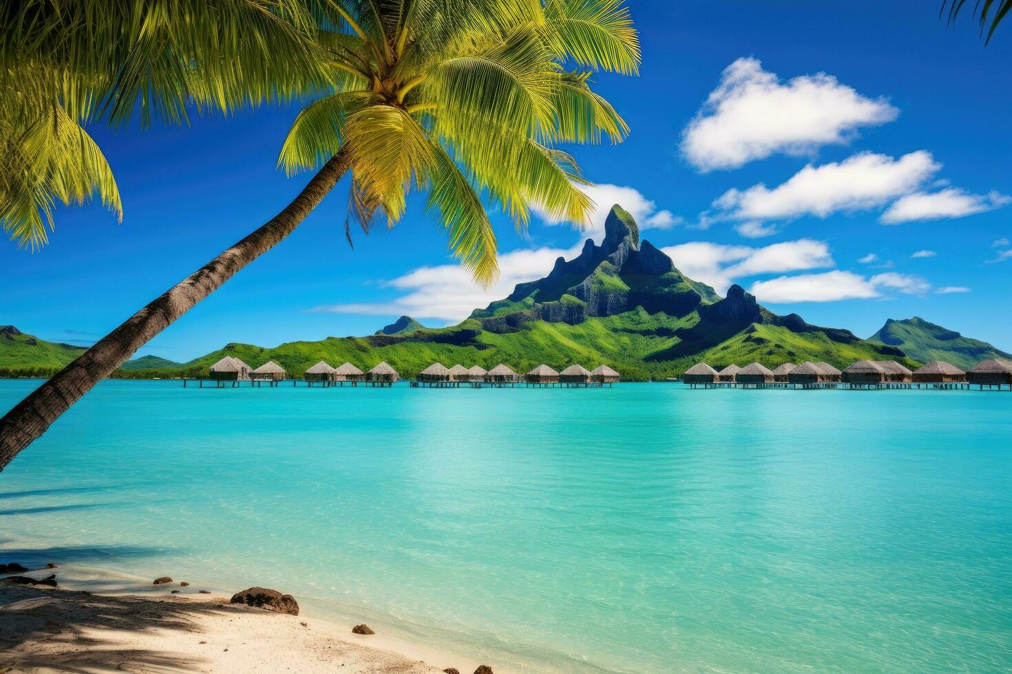 skön strand på seychellerna, la digue ö, lyx över vatten villor med kokos handflatan träd, blå lagun, vit sandig strand på bora bora ö, tahiti, franska polynesien, ai genererad foto