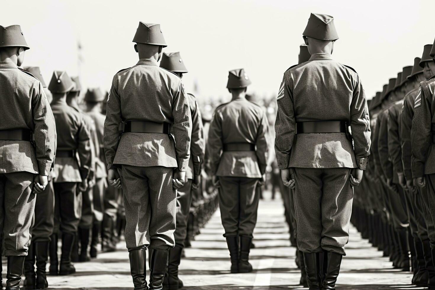 militär parad i kiev, tillägnad till 70:e årsdag av de seger i de bra patriotisk krig. soldater i historisk enhetlig under historisk återskapande, oss soldater, ai genererad foto