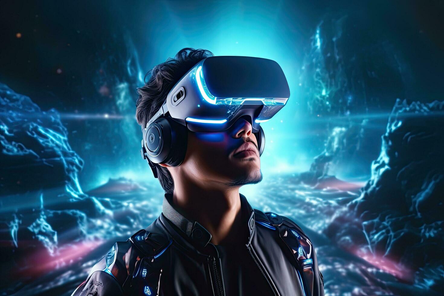 porträtt av en trogen man bär virtuell verklighet glasögon. sci-fi bakgrund, ung man bak- se med virtuell verklighet headsetet eller 3d glasögon. blandad media, ai genererad foto