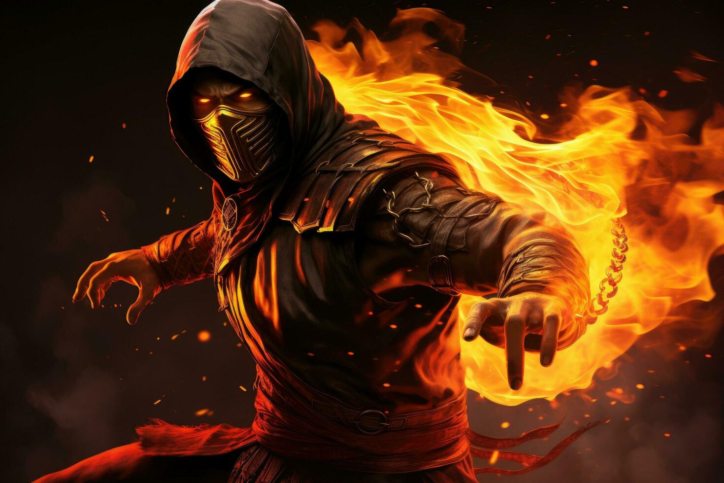 krigare med en svärd i brand lågor på en svart bakgrund, bevittna de flammande skuggor, en skicklig ninja krigare Engulfed i lågor, visning herravälde och bestämning, ai genererad foto