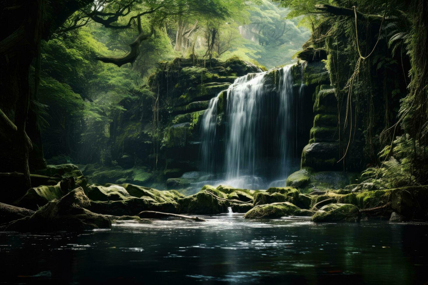skön vattenfall i djup skog. naturlig bakgrund. tonad, vattenfall i de skog , ai genererad foto