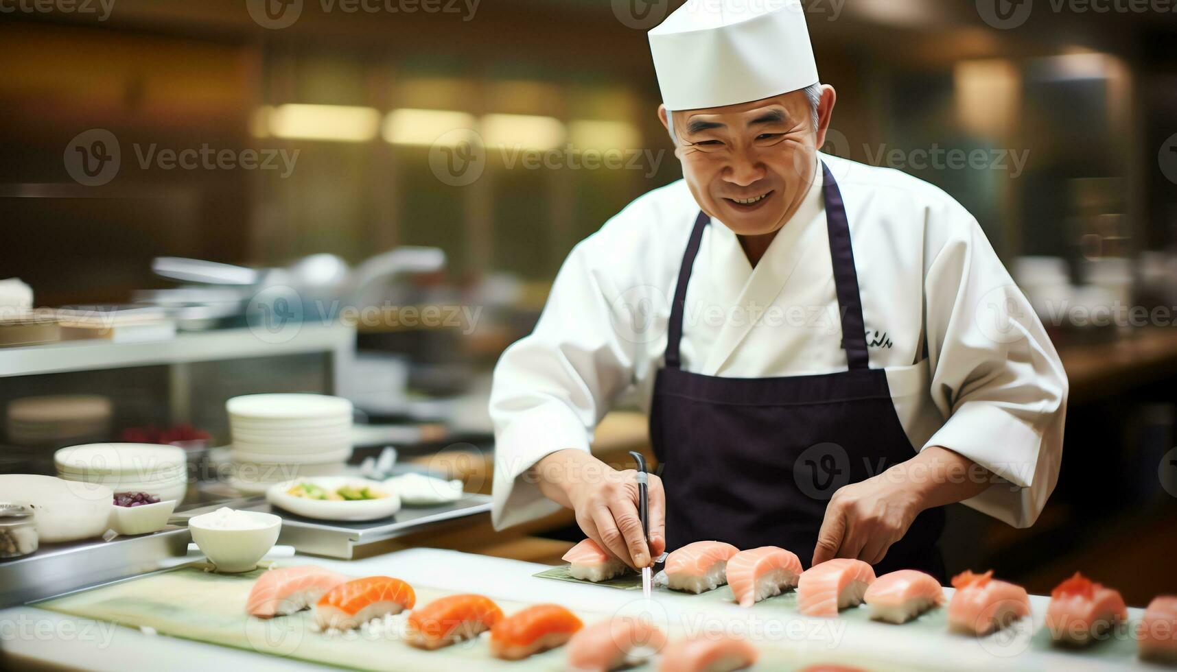 en kock är framställning sushi på en skärande styrelse ai genererad foto