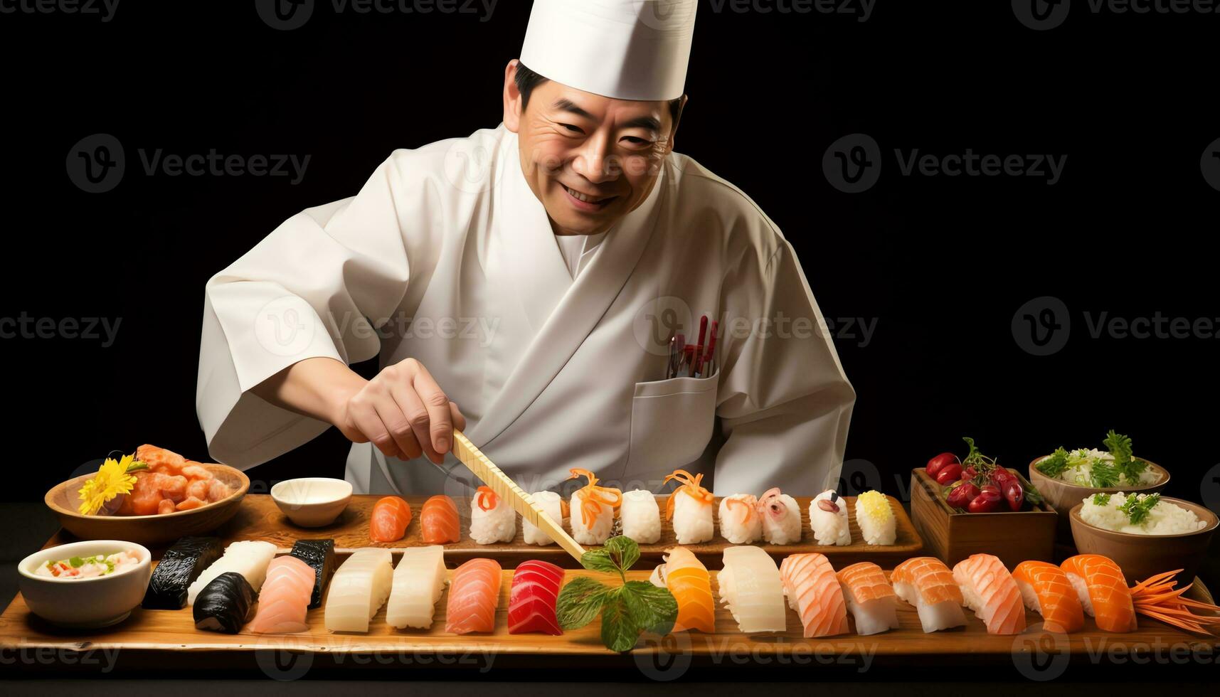 en kock är framställning sushi på en skärande styrelse ai genererad foto