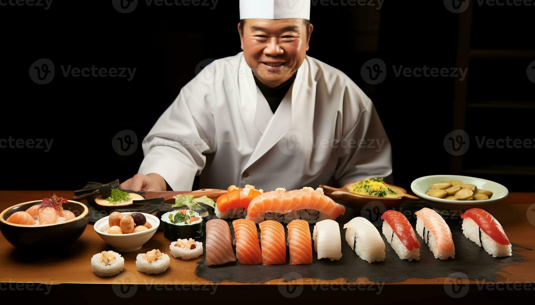 en kock är framställning sushi på en skärande styrelse ai genererad foto