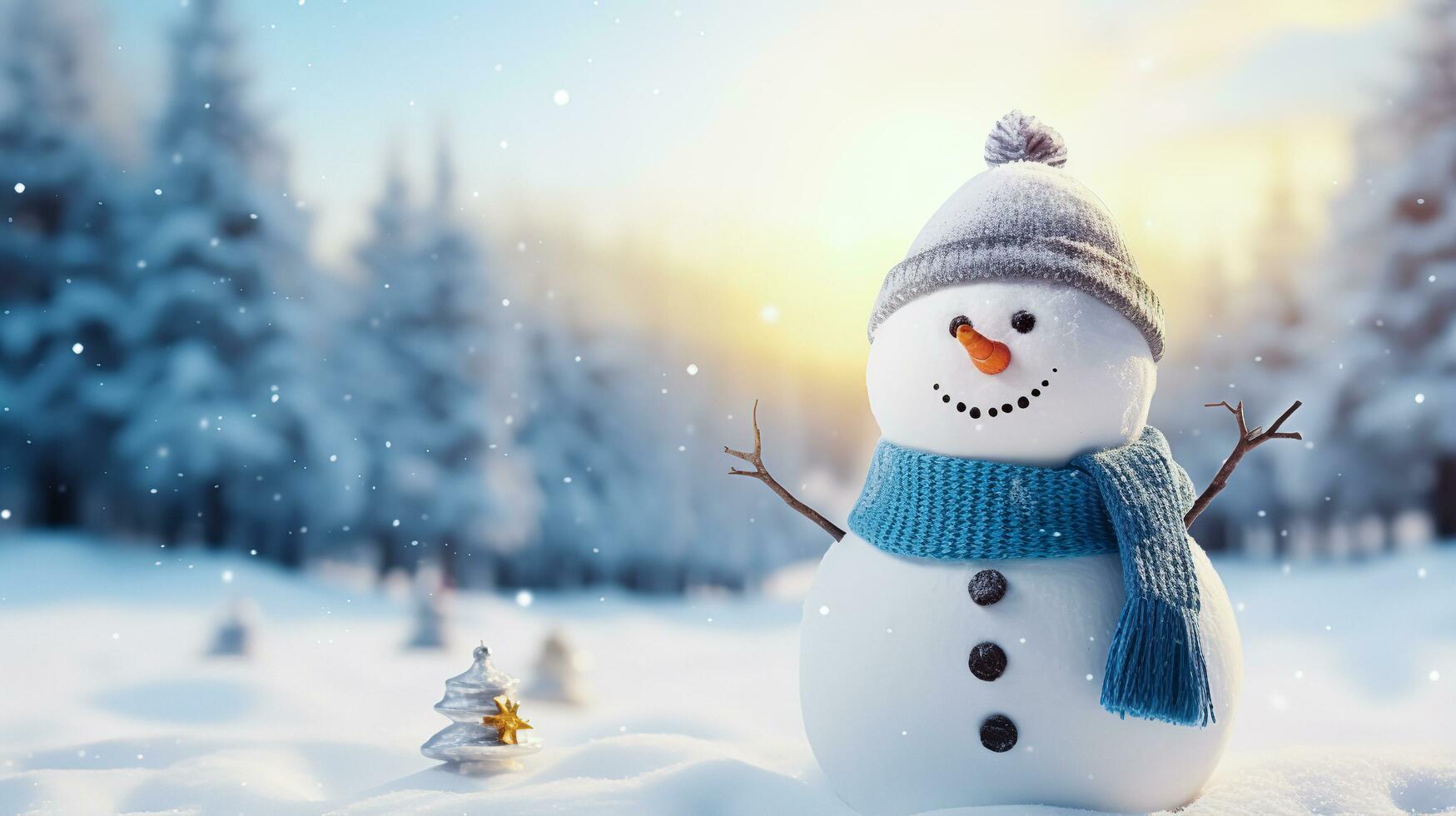 Lycklig snögubbe stående i jul landskap med kopia Plats. generativ ai. foto