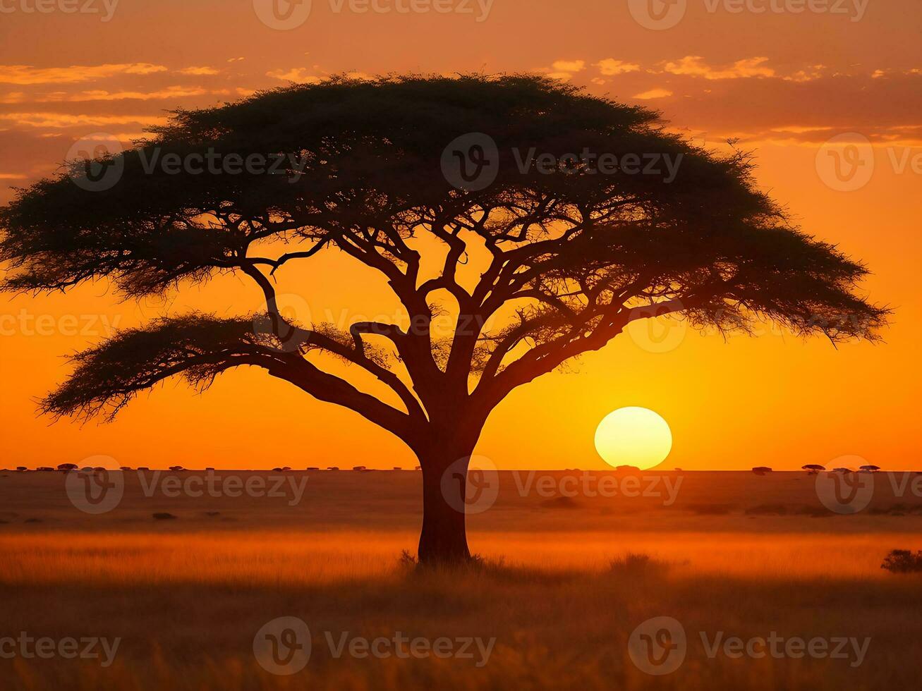 fascinerande se av de silhuett av en träd i de savann slätter under solnedgång generativ ai foto