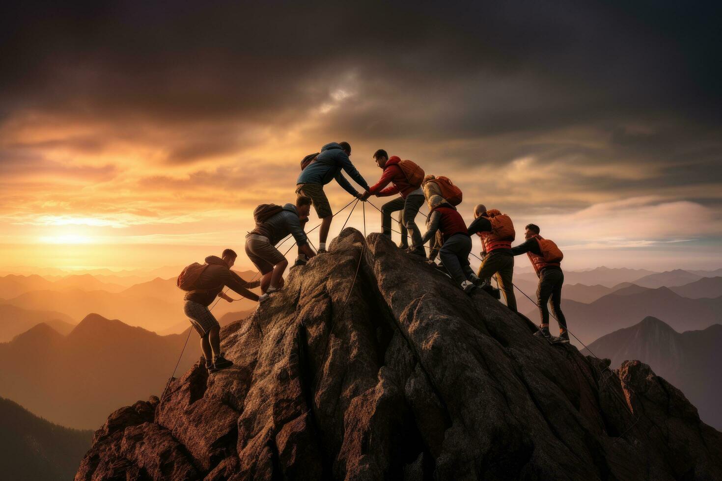 grupp av bergsklättrare klättrande på topp av en berg under solnedgång, grupp av människor på topp berg klättrande portion team arbete, ai genererad foto