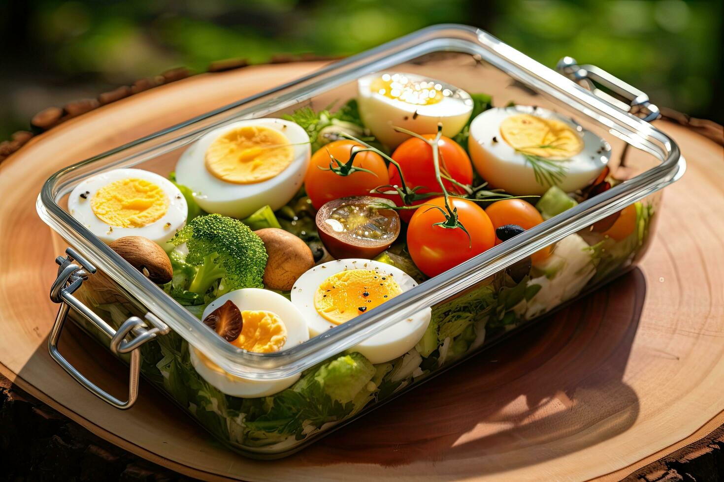 friska lunch låda med kokt ägg, tomater, svamp och sallad, friska lunch låda med vaktel ägg, vaktel ägg och grönsaker, ai genererad foto
