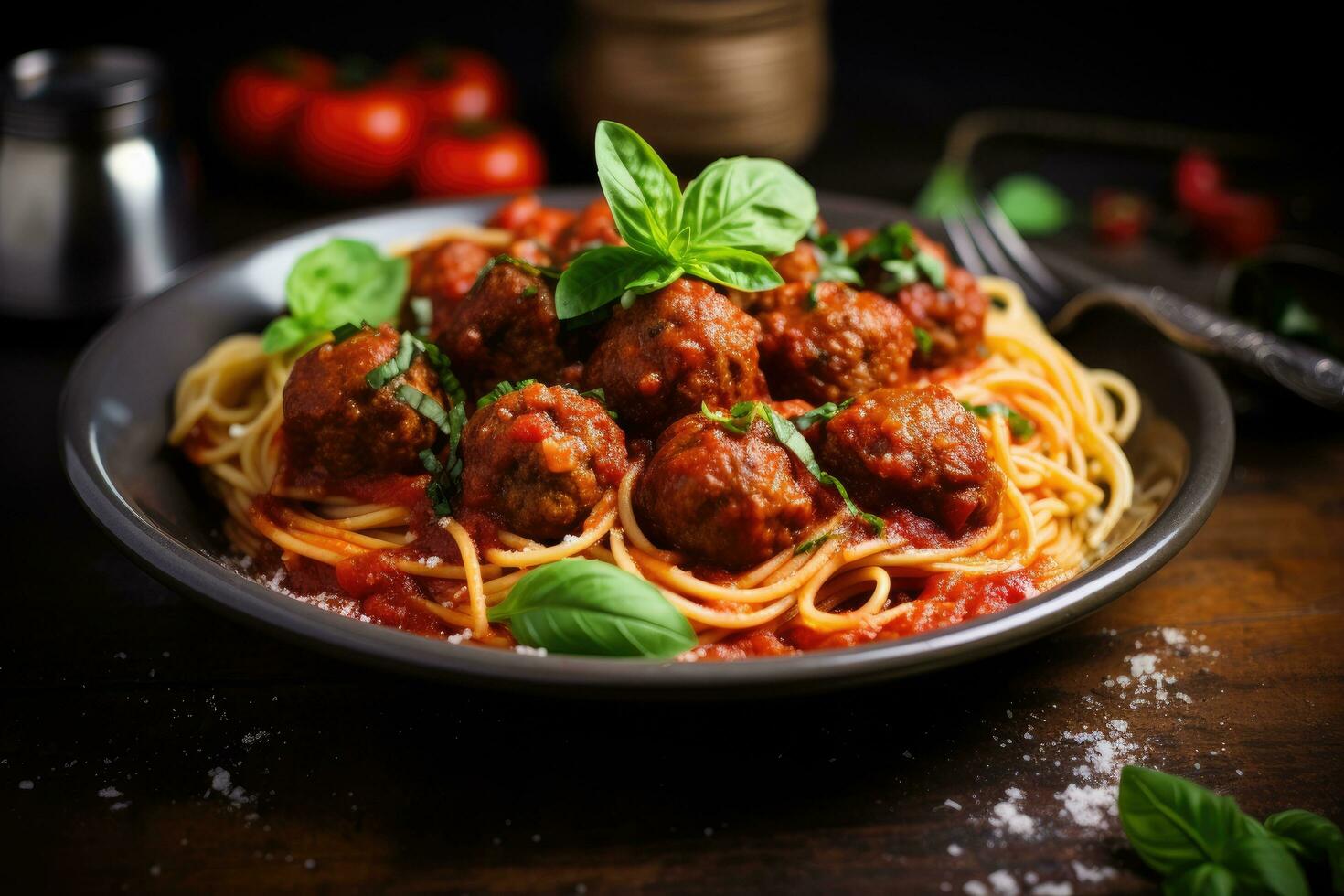 spaghetti pasta med köttbullar och tomat sås på en svart bakgrund, spaghetti med tomat sås och köttbullar, ai genererad foto