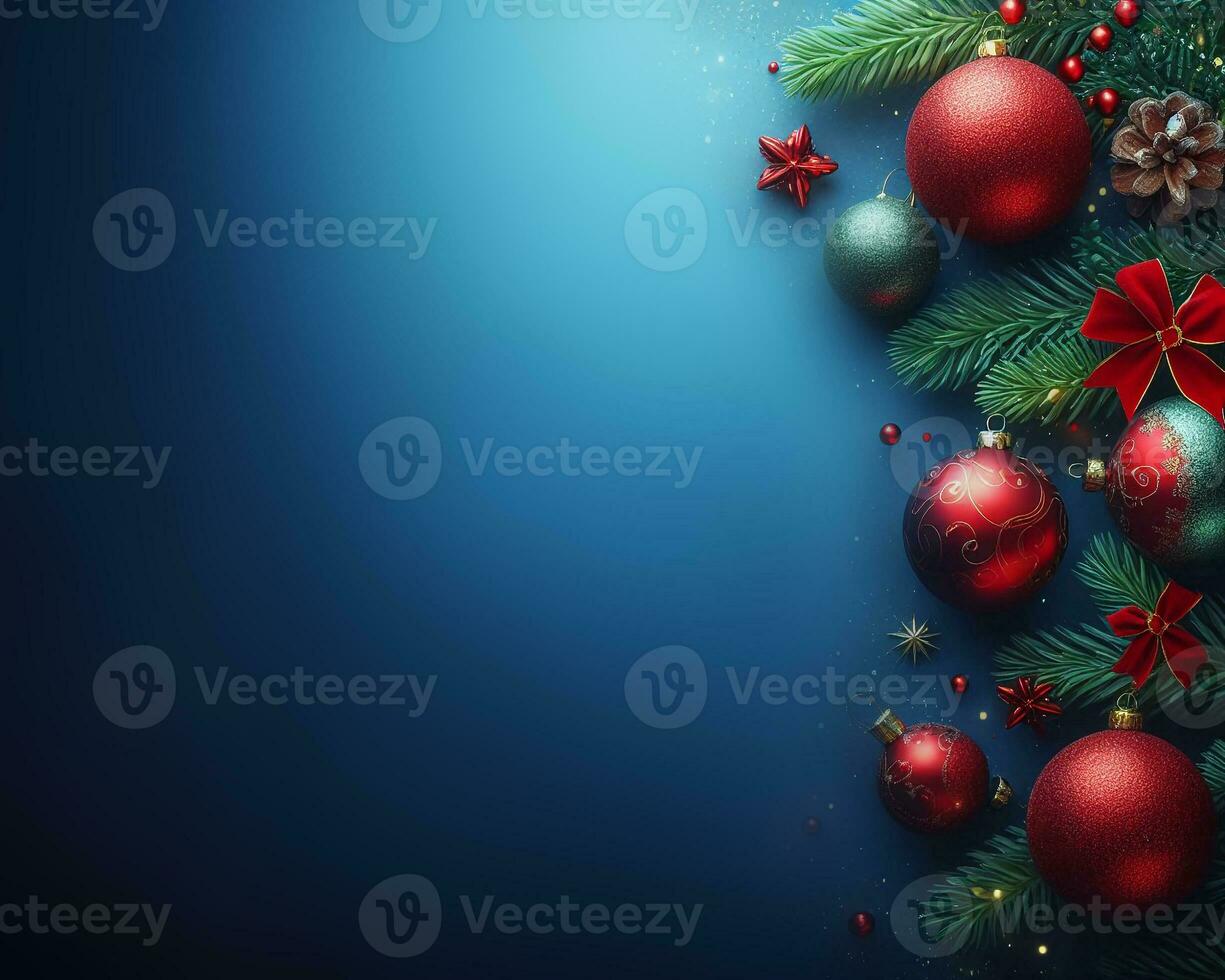 blå jul bakgrund med bollar och gran gren, dekorationer och snöflingor, jul hälsningar mockup. ai generativ foto