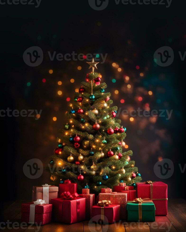 jul träd med presenterar och lampor på mörk bakgrund, jul hälsningar mockup. ai generativ foto