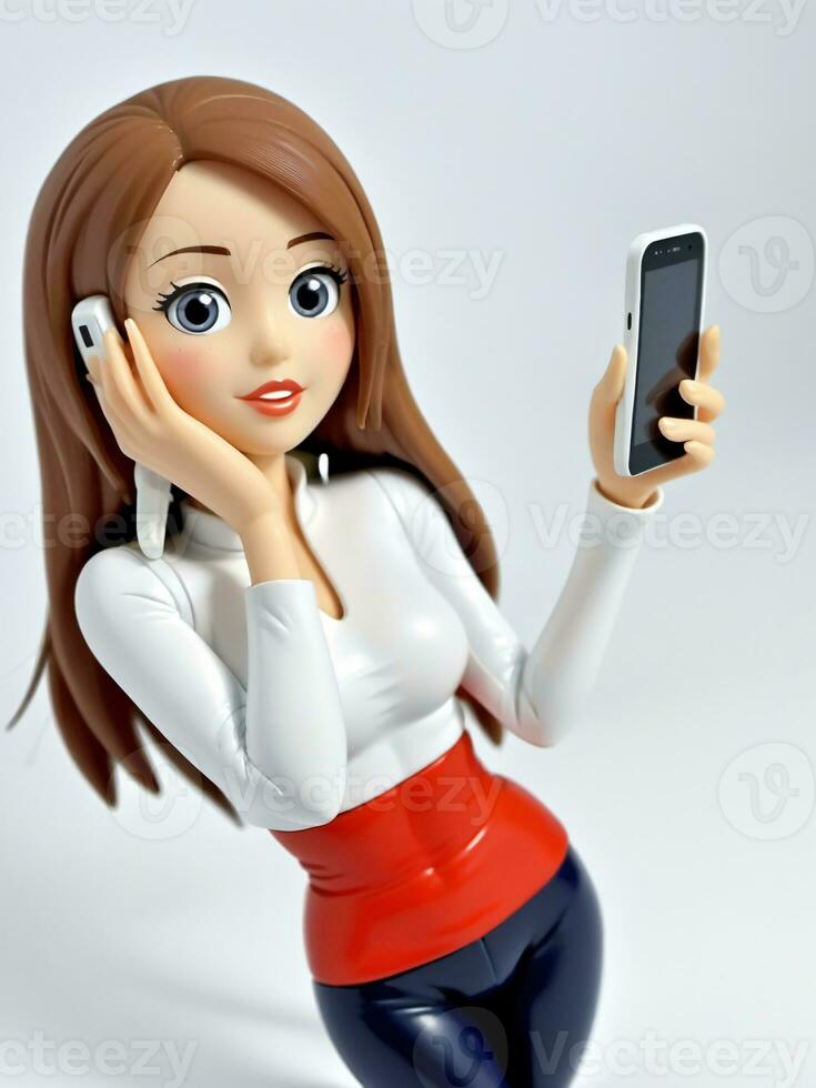 en 3d leksak tecknad serie kvinna ser smartphone på en vit bakgrund. ai genererad foto