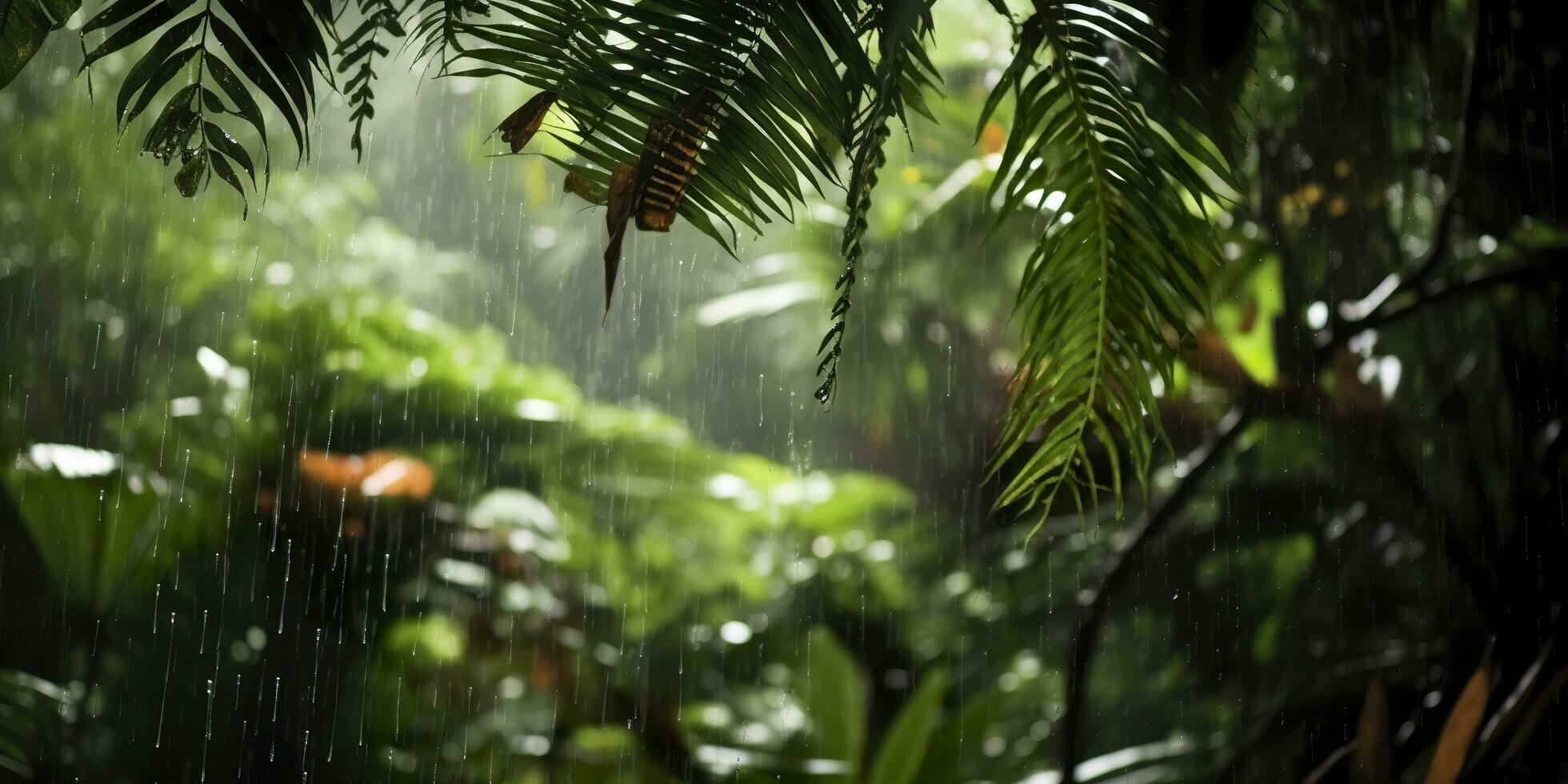 regn falls i en regnskog med de regn droppar. generativ ai foto