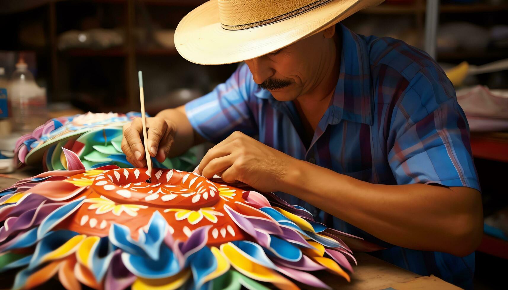 en man i en färgrik hatt är arbetssätt på en hatt ai genererad foto