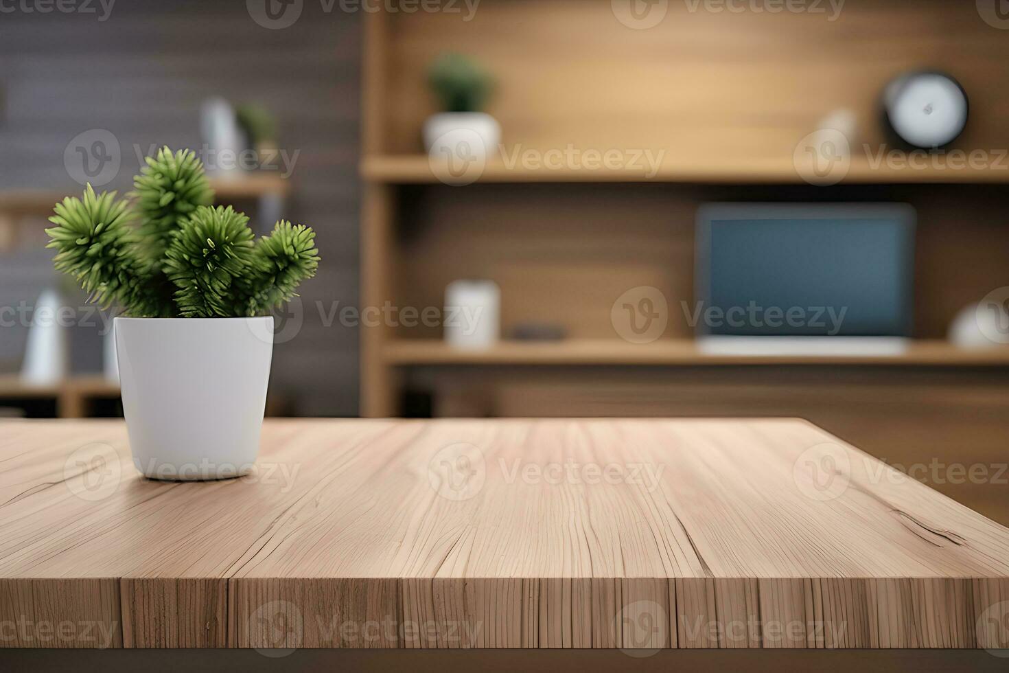 trä tabell produkt presentation med interiör bakgrund förbi ai generativ foto