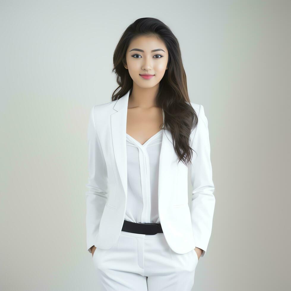 skön asiatisk kvinna i vit kostym Sammanträde på stol ai genererad foto