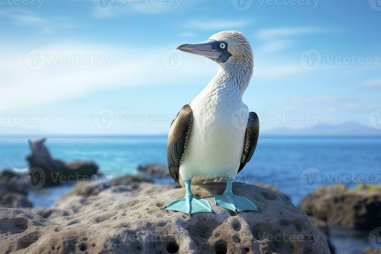 de sällsynt blåfotad drummel vilar på de strand. ai genererad foto