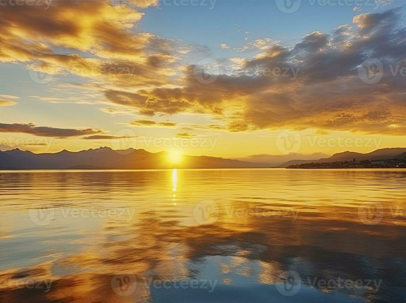 ljus solnedgång över sjö gyllene moln reflektera i de vatten. ai genererad. foto