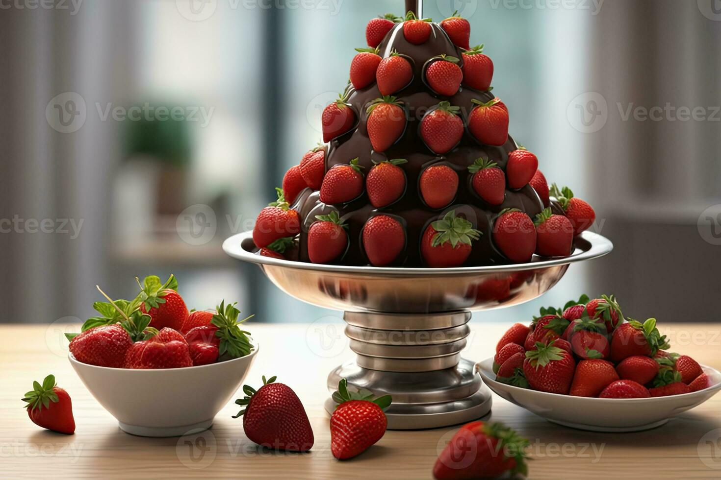 jordgubbar och choklad fontän förbi ai generativ foto