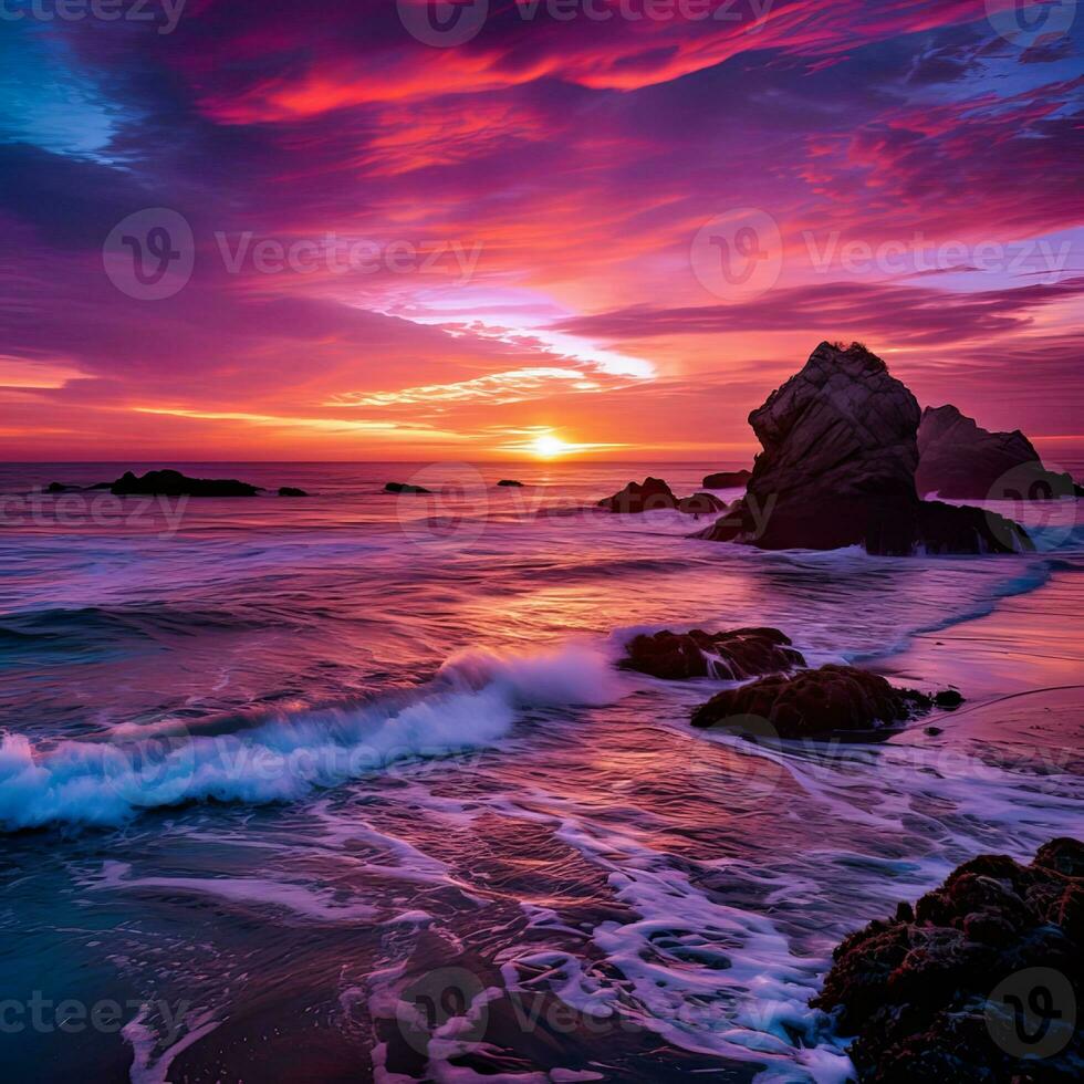 en lila solnedgång över de pacific hav , genererad förbi ai foto