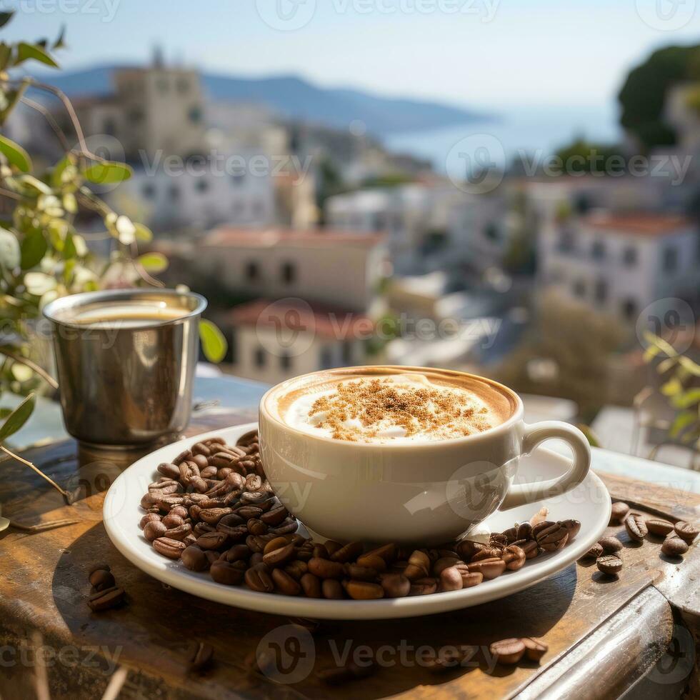 kopp av kaffe med grekisk panorama för frukost , genererad förbi ai foto