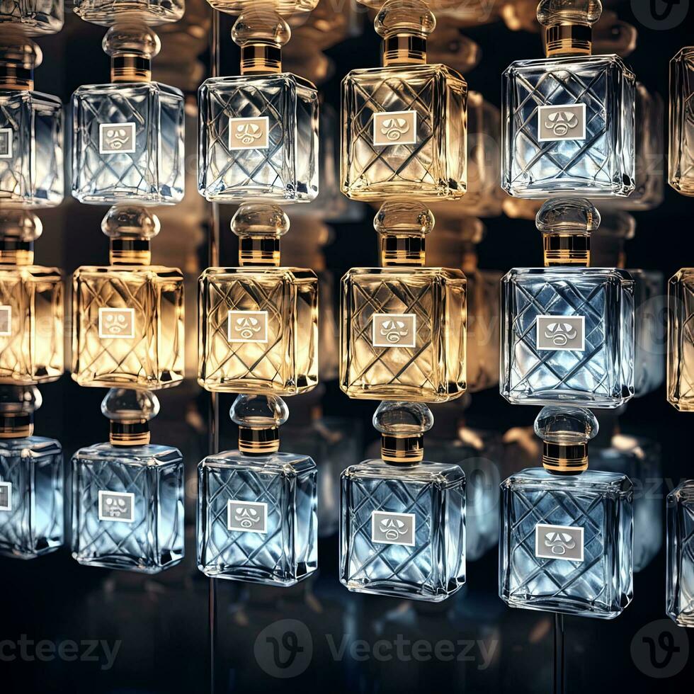 vägg av matt parfym flaskor. de är staplade på topp av varandra och sida förbi sida , genererad förbi ai foto