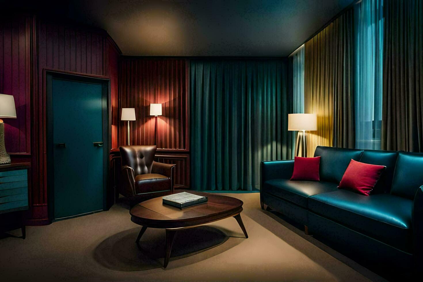 en hotell rum med en blå soffa, en kaffe tabell och en lampa. ai-genererad foto