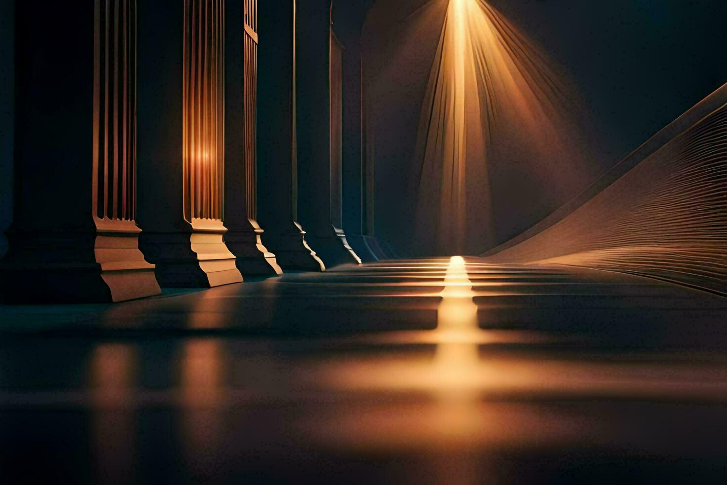 en lång hall med pelare och ljus lysande genom. ai-genererad foto