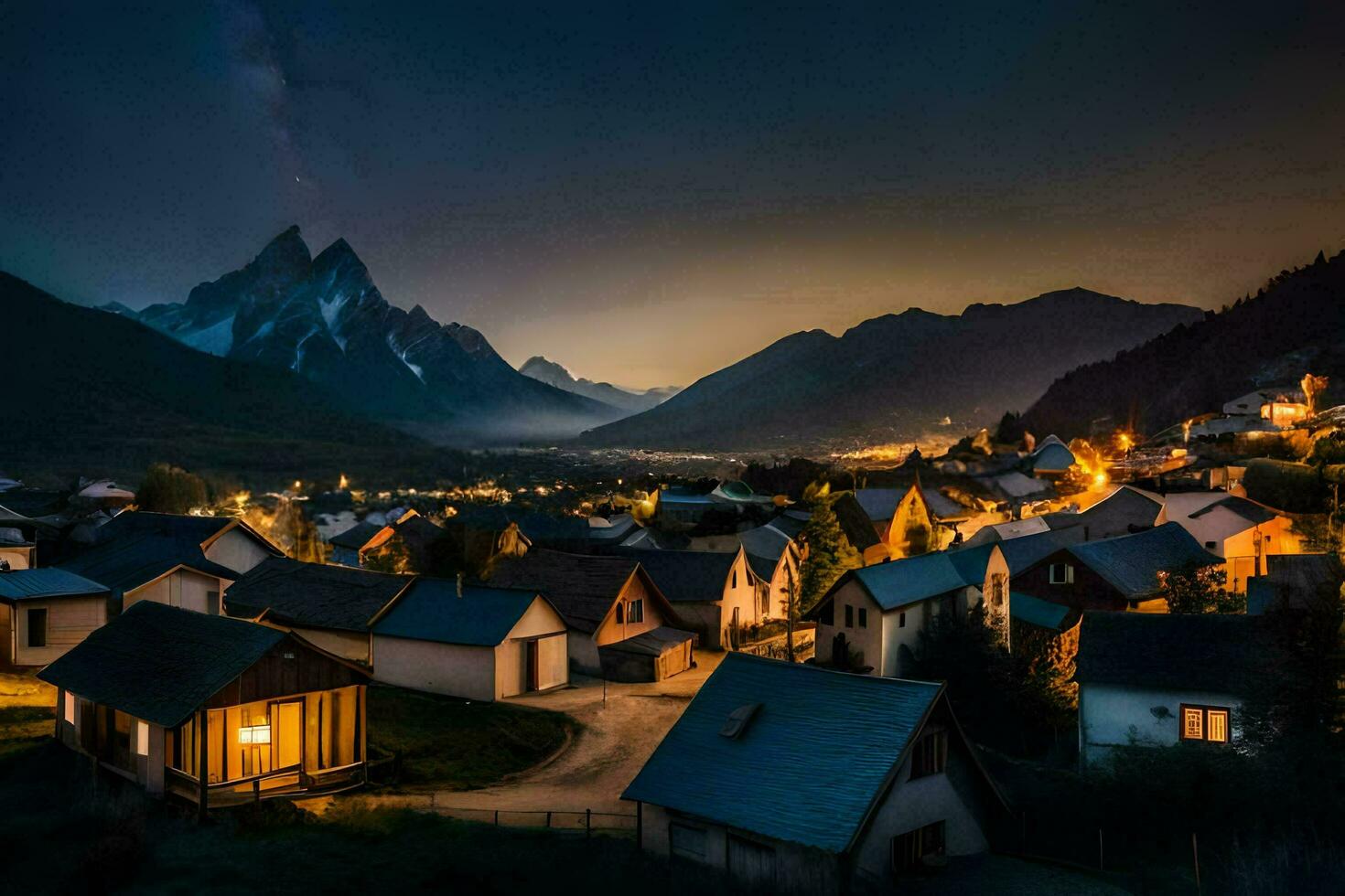 en by på natt med bergen i de bakgrund. ai-genererad foto