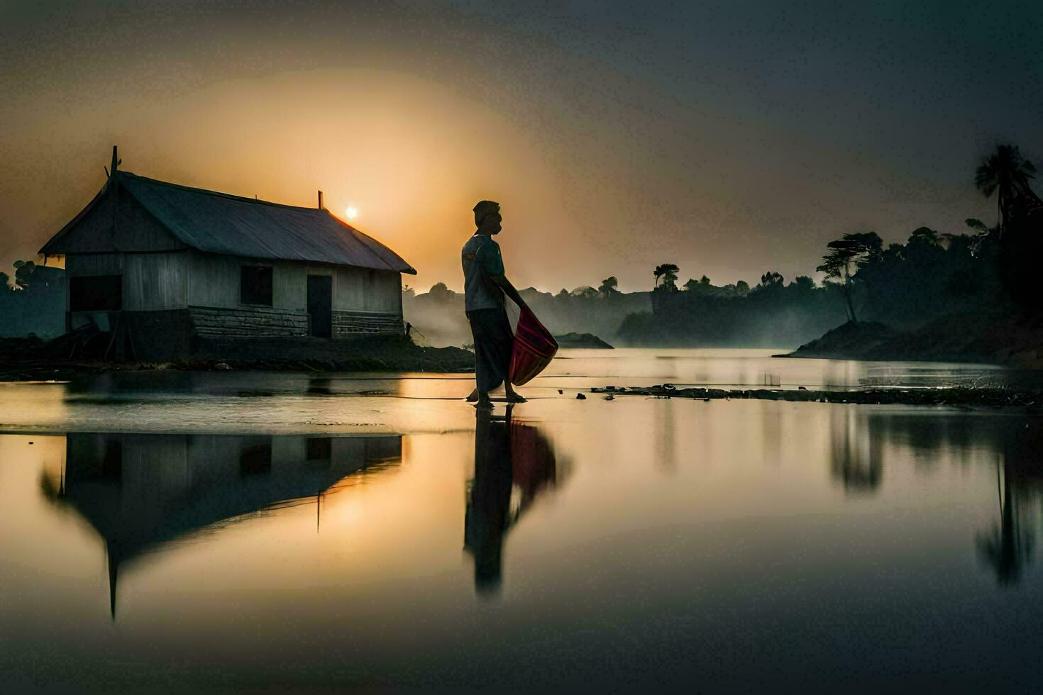 en man står i främre av en hus på solnedgång. ai-genererad foto
