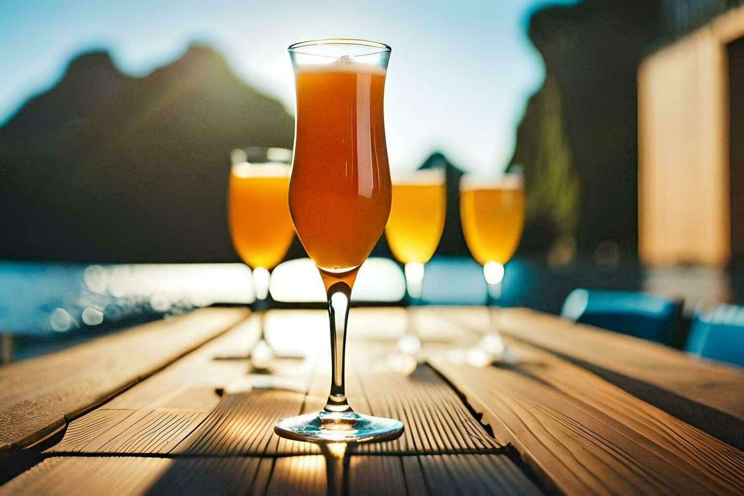 tre glasögon av orange juice på en trä- tabell. ai-genererad foto
