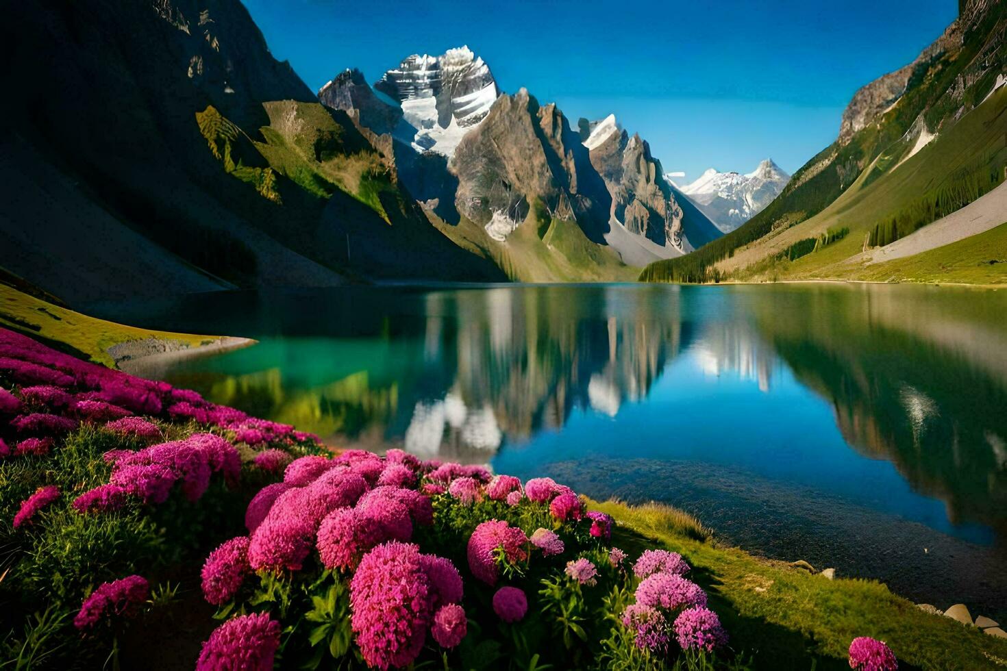 skön landskap med blommor och berg. ai-genererad foto